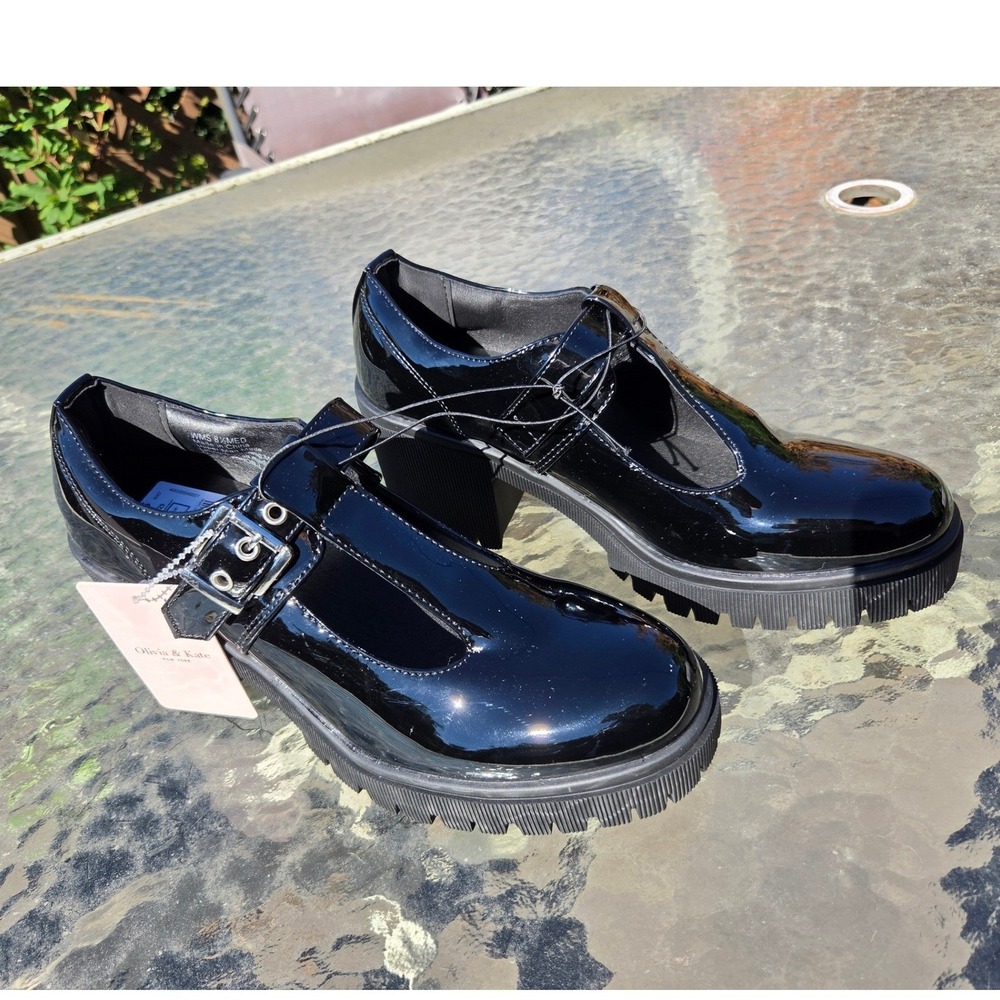 Olivia & Kate Mary Jane Shoes Womens 8.5 Black New Patent Platform T-Strap Lug - Picture 2 of 7